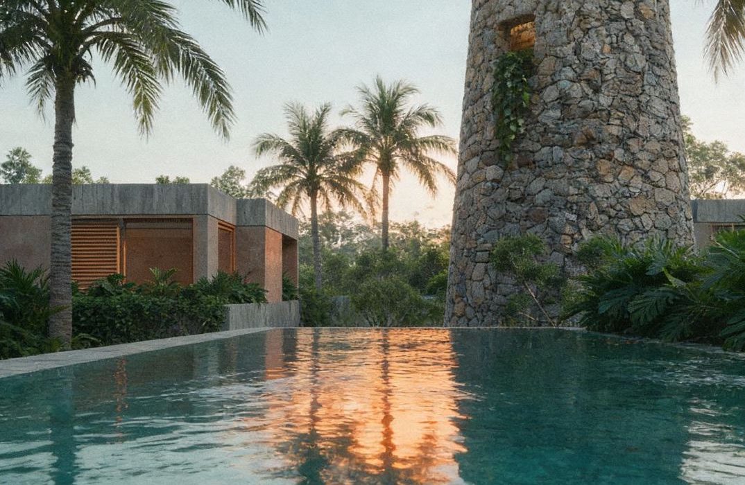 Exclusive rooftop plunge pool at Inku, overlooking sustainable luxury villas Tulum 2026.