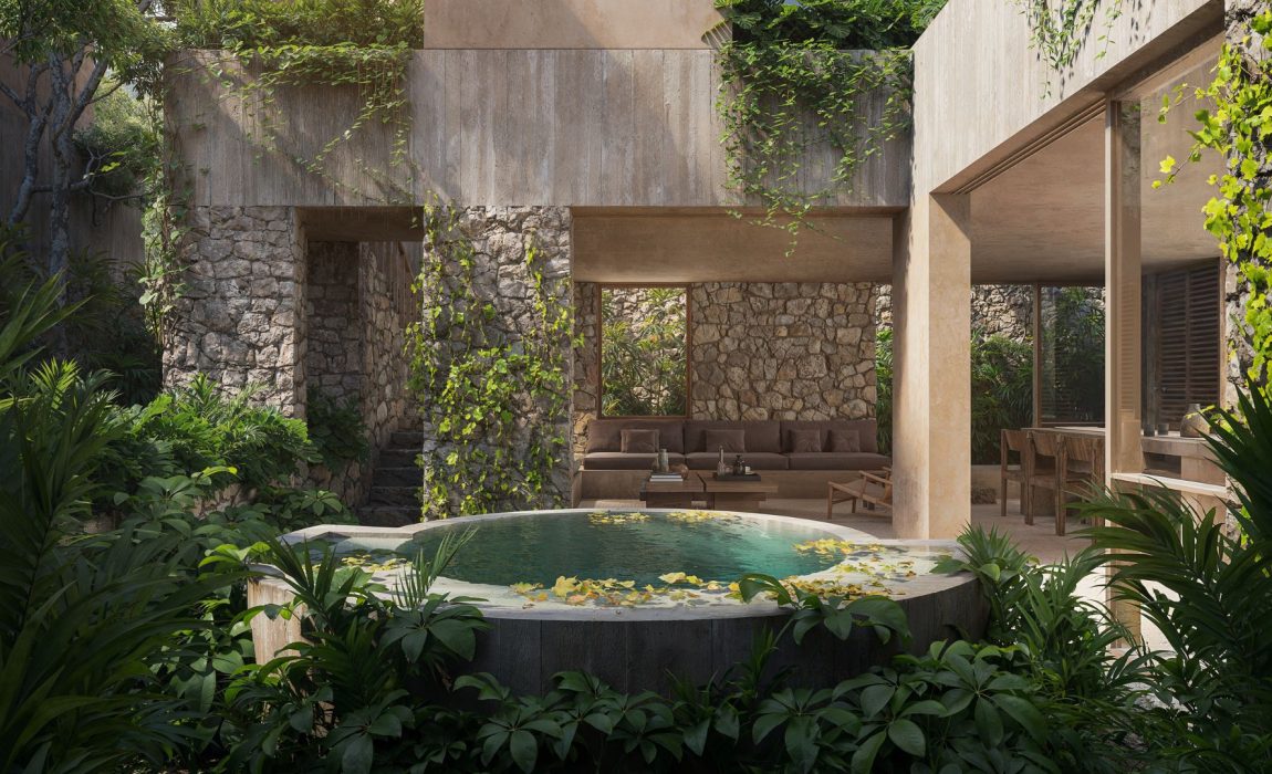 Lush, jungle-integrated garden pool at Deelum’s sustainable luxury villas Tulum 2026