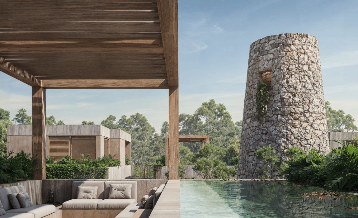 Luxury private pool and jungle-integrated deck in sustainable luxury villas Tulum 2026.