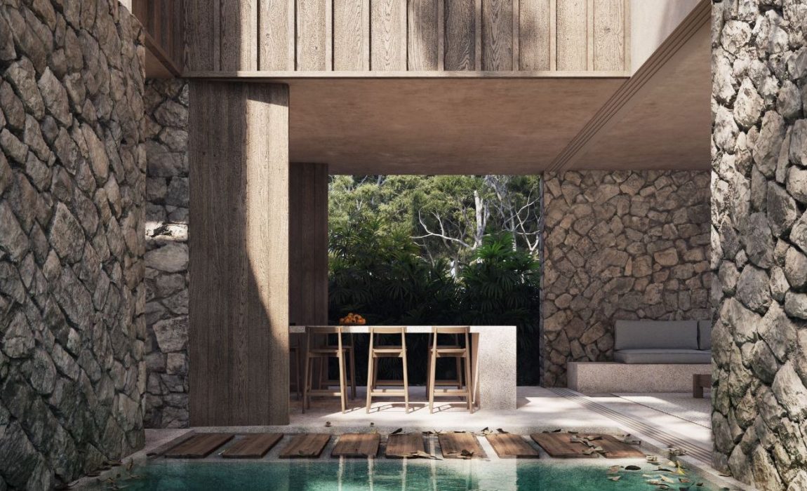 Signature pool connecting the living area with the jungle, a unique feature of Tulum luxury homes for sale.