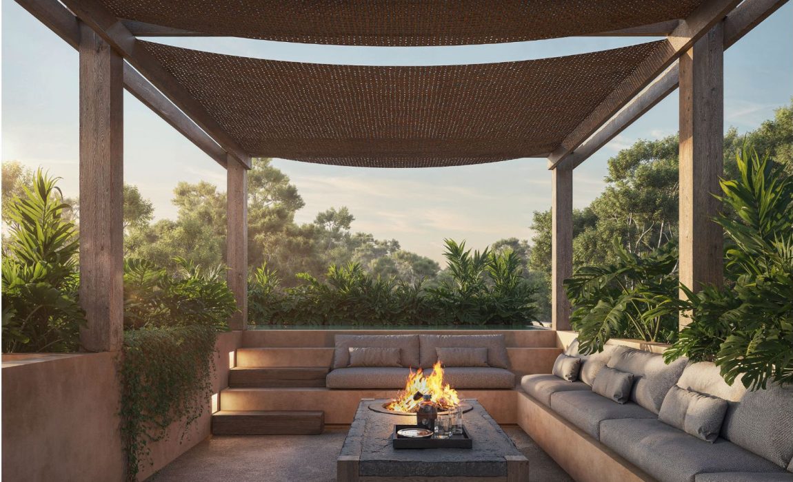 Luxury outdoor firepit lounge in El Mirador, showcasing the high-end design of Tulum luxury homes for sale